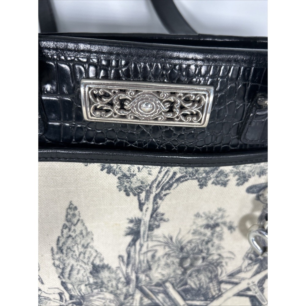 Brighton Martine Purse Black Croc Embossed Leather Canvas Blue Toile Shoulder - Picture 2 of 14